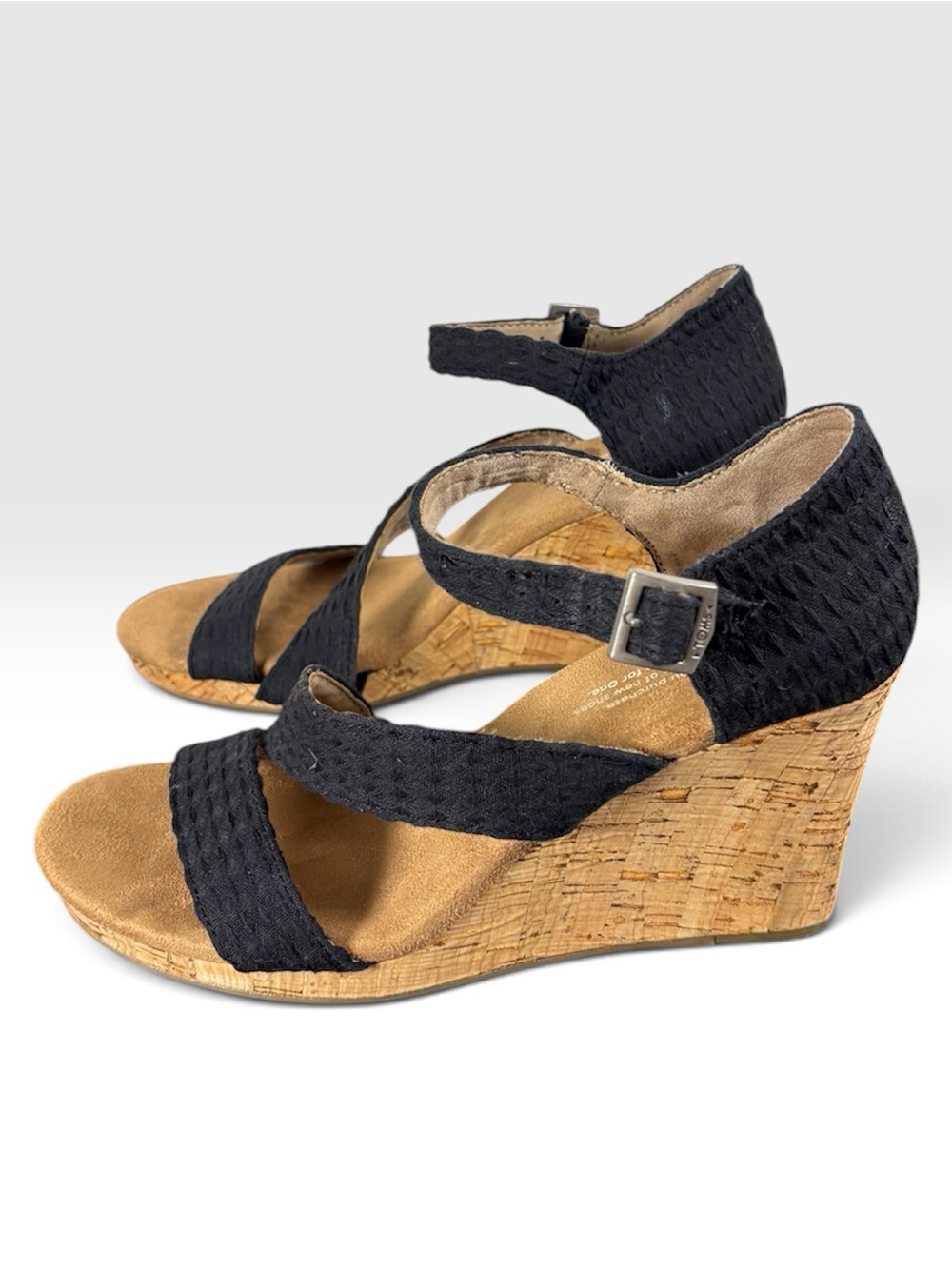 Toms Black Woven Canvas Cork Wedge Summer Spring Classy Sandals  Ankle Strap - Picture 2 of 13